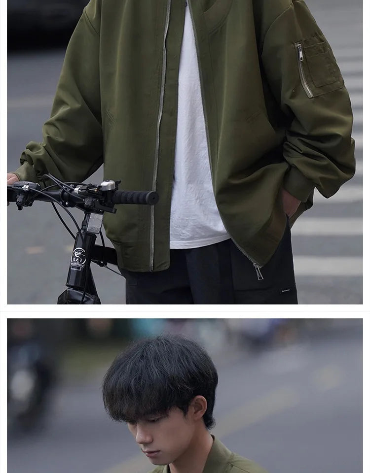 Man Bomber Jacket Oversize Spring Autumn Boys Long Sleeve Stand Collar Baseball Clothes Black Green Retro Coat Plus Size Xxl