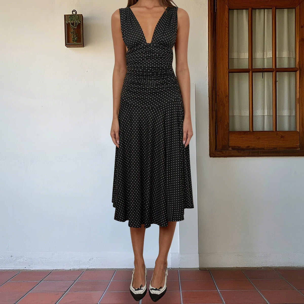 hirigin Elegant Women's Tank Dress Stylish Dot Print Pleated Waist Sleeveless V Neck A Line Dress for Summer Party Club