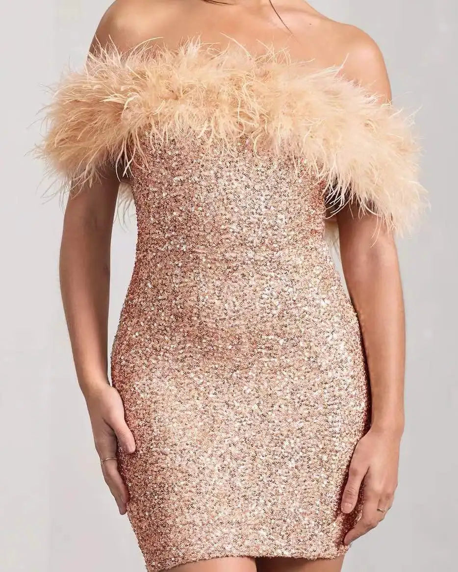European and American Fashion New Women's Clothing, Strapless Hip Skirt, Celebrity Feather Party Dress