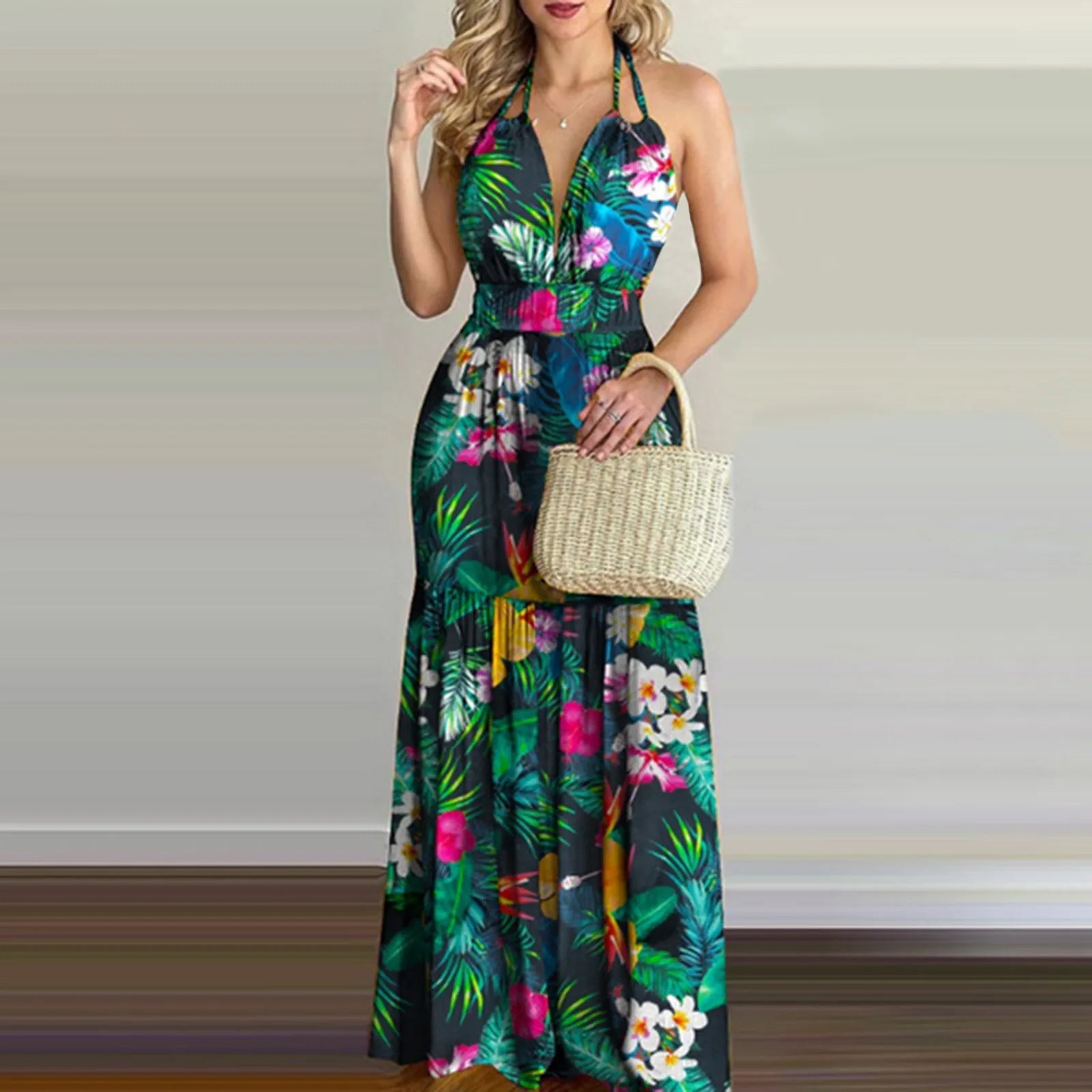 Women Tropical Print Halter Backless Maxi Dress Sexy Sleeveless Deeep V Beach Dress Chic Elegant Ruffles Pleated Dress Vestidos