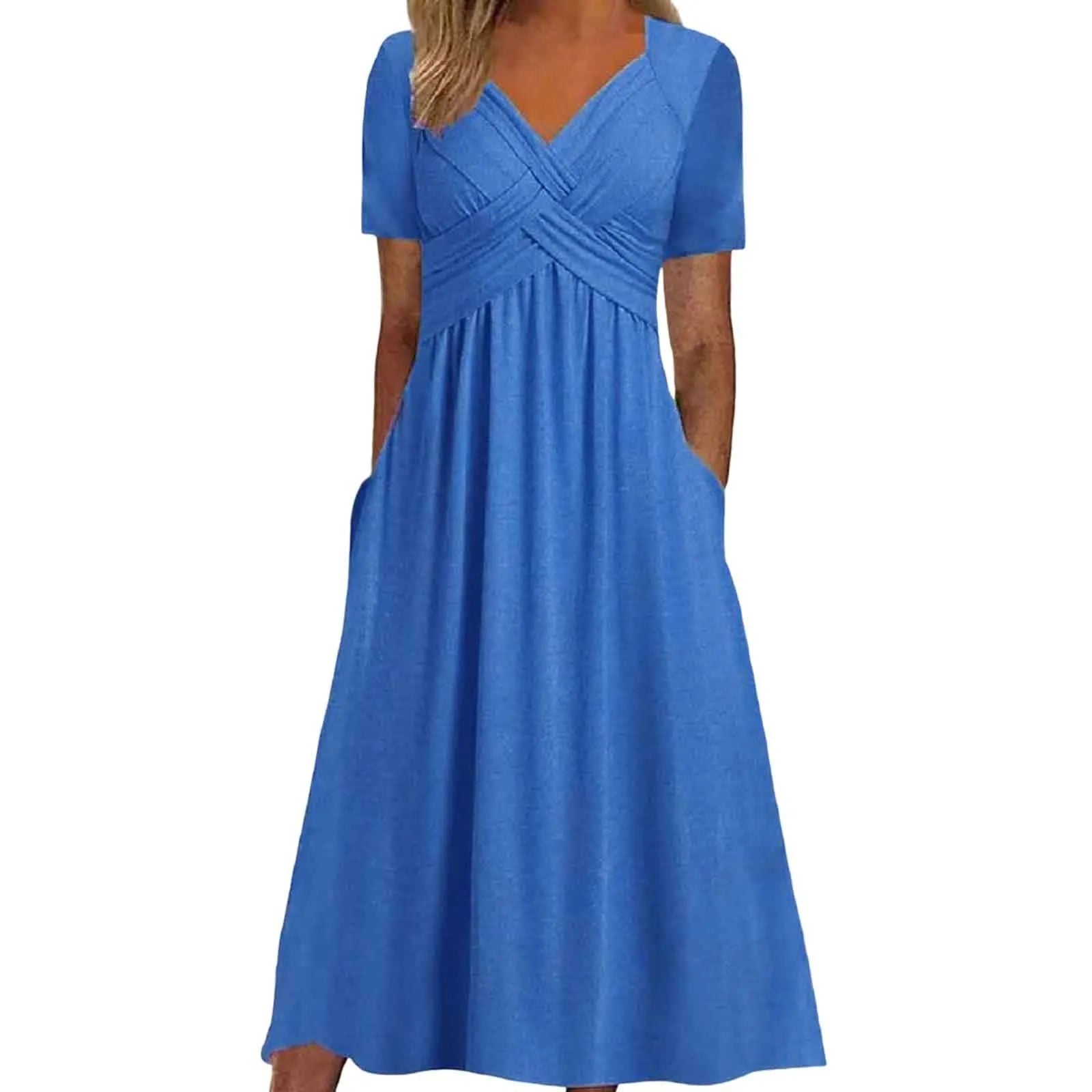 Women A Line Pleated Maxi Dress Summer Solid Color Plus Size Ruffles Long Dresses 2024 New Short Sleeve Holiday Sundress Robe