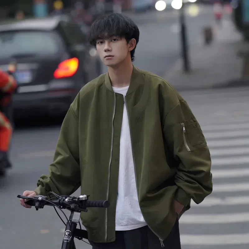Man Bomber Jacket Oversize Spring Autumn Boys Long Sleeve Stand Collar Baseball Clothes Black Green Retro Coat Plus Size Xxl