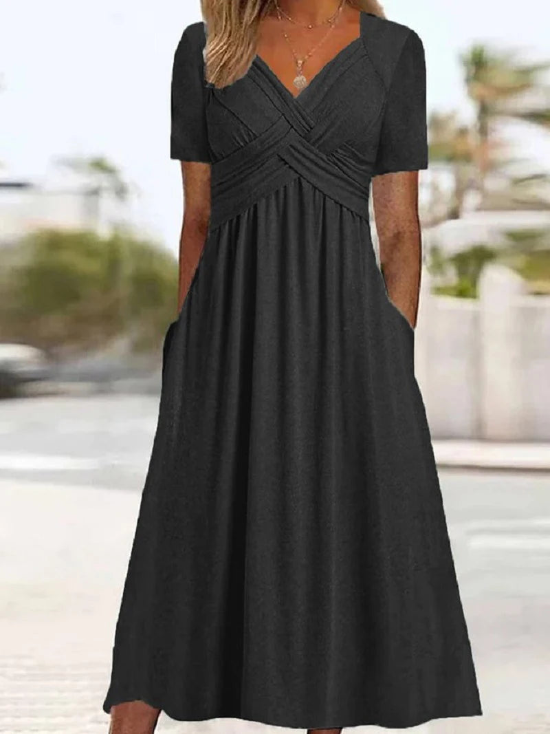 Women Summer Short-sleeve Dress Solid Color Maxi Dress Casual Beach Twist Front V Neck Pleated A Line Pockets Mid Long Dress