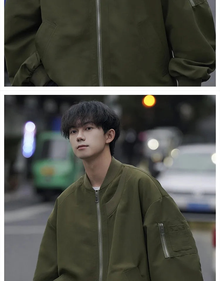 Man Bomber Jacket Oversize Spring Autumn Boys Long Sleeve Stand Collar Baseball Clothes Black Green Retro Coat Plus Size Xxl