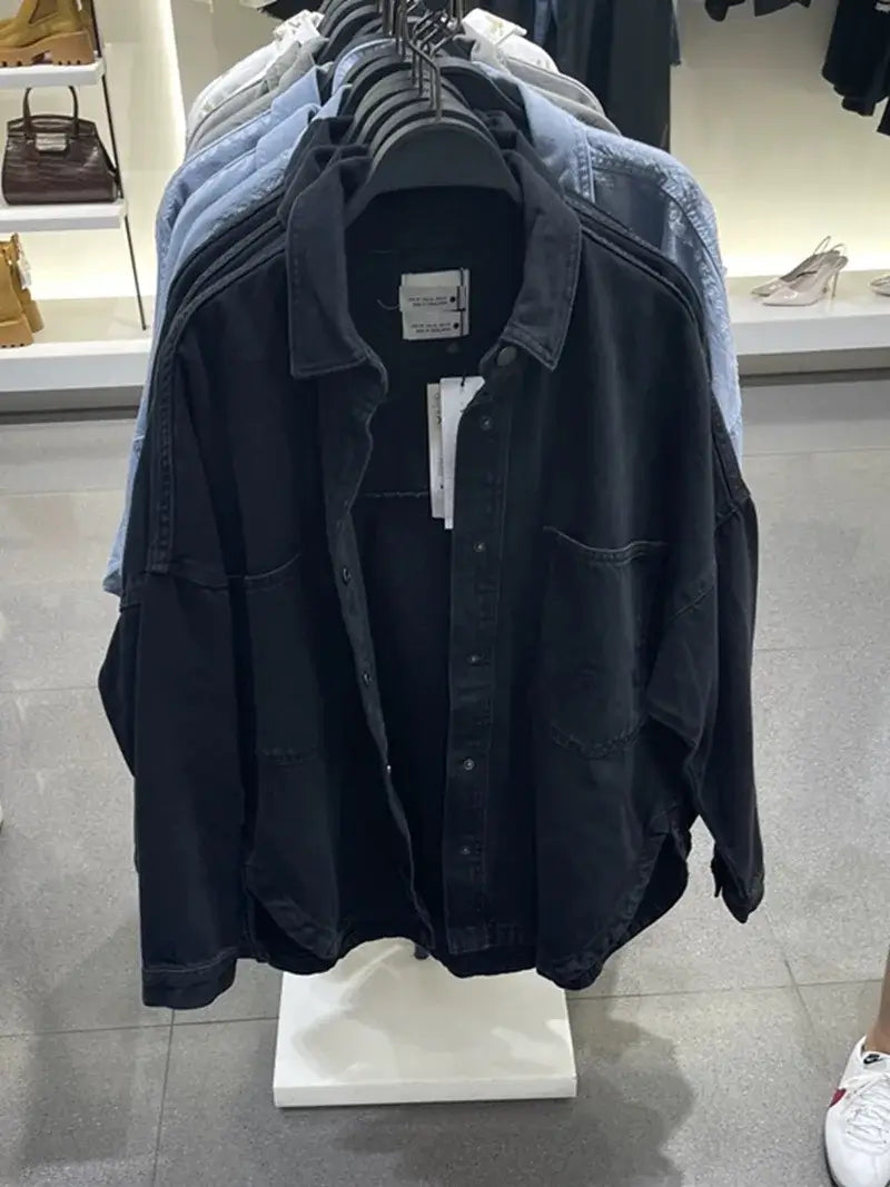 Denim Jacket 2024 traf Spring new all-cotton large pockets embellished loose version of women's shirt-style denim jacket
