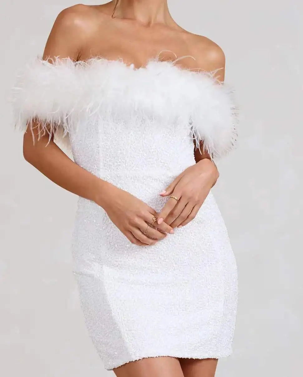 European and American Fashion New Women's Clothing, Strapless Hip Skirt, Celebrity Feather Party Dress