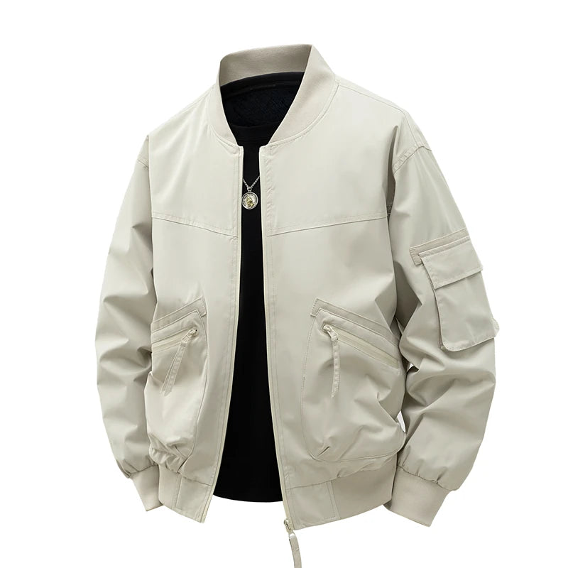 Bomber Jacket for Men Spring Autumn Lightweight V-neck Casual Jacket Streetwear with Sleeve Pocket Stylish Men Daily Wear Coats