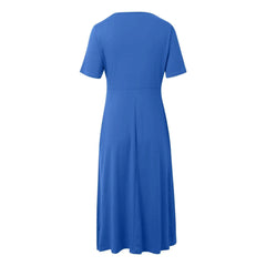 Women A Line Pleated Maxi Dress Summer Solid Color Plus Size Ruffles Long Dresses 2024 New Short Sleeve Holiday Sundress Robe
