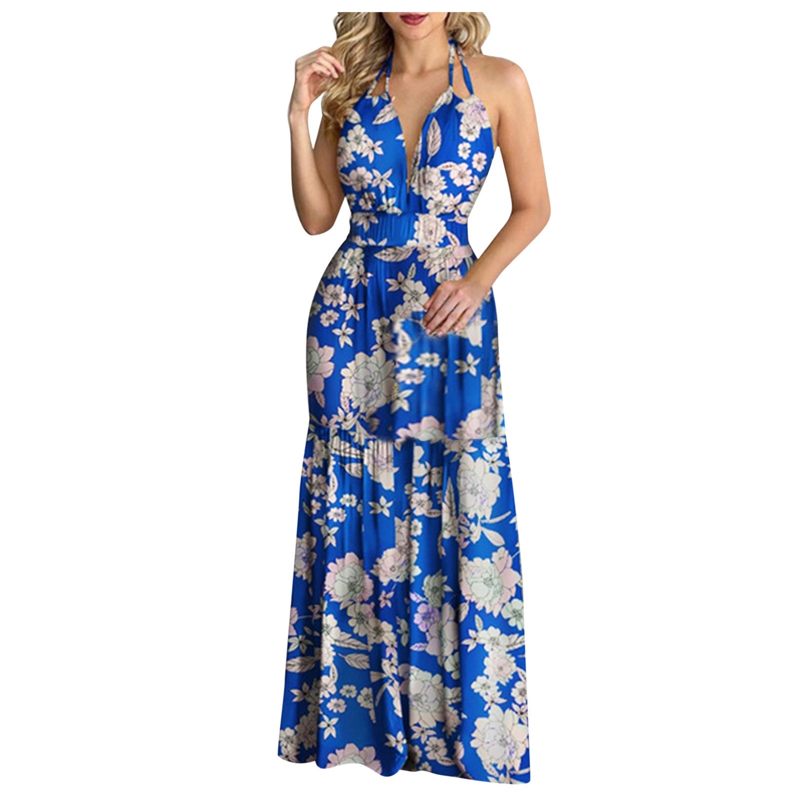 Women Tropical Print Halter Backless Maxi Dress Sexy Sleeveless Deeep V Beach Dress Chic Elegant Ruffles Pleated Dress Vestidos