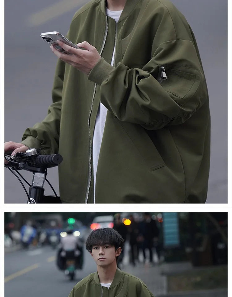 Man Bomber Jacket Oversize Spring Autumn Boys Long Sleeve Stand Collar Baseball Clothes Black Green Retro Coat Plus Size Xxl