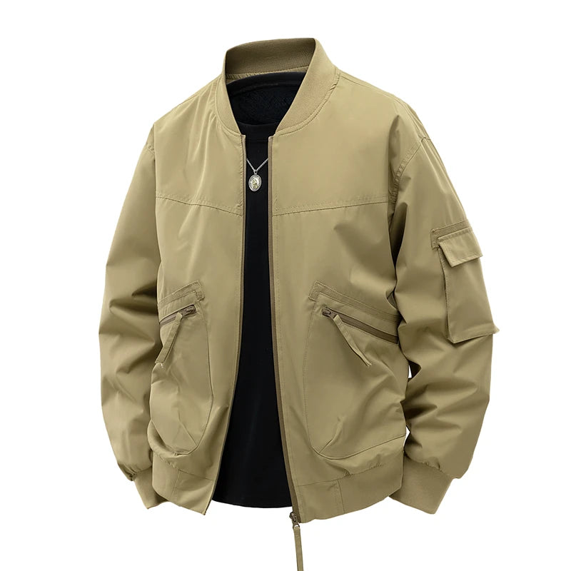 Bomber Jacket for Men Spring Autumn Lightweight V-neck Casual Jacket Streetwear with Sleeve Pocket Stylish Men Daily Wear Coats
