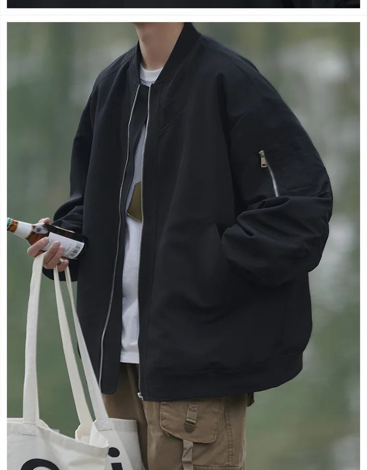 Man Bomber Jacket Oversize Spring Autumn Boys Long Sleeve Stand Collar Baseball Clothes Black Green Retro Coat Plus Size Xxl